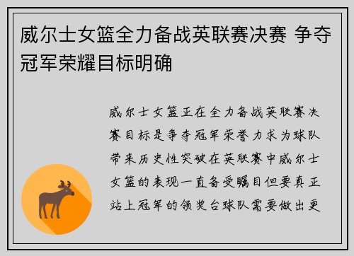 威尔士女篮全力备战英联赛决赛 争夺冠军荣耀目标明确